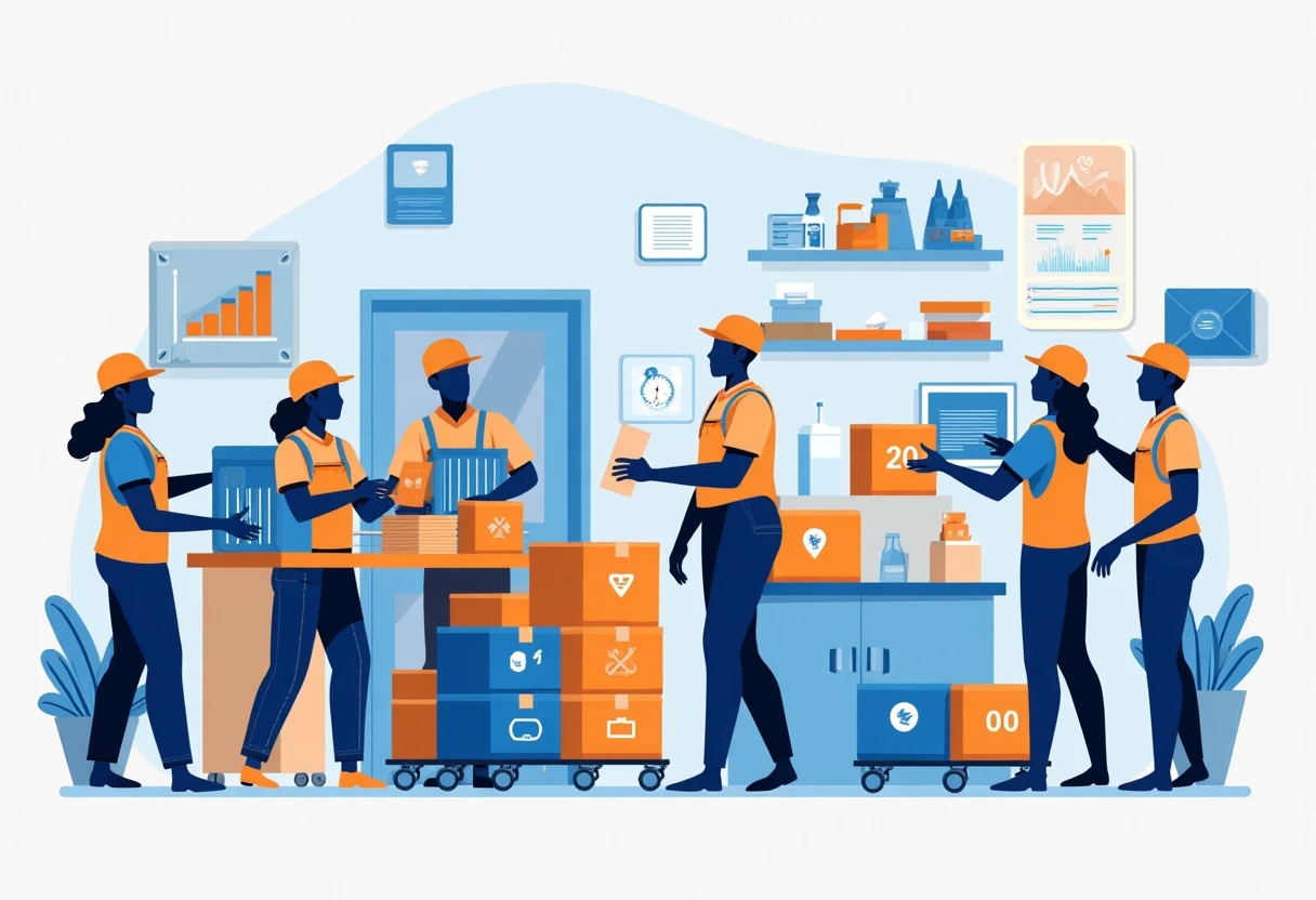 Warehouse workers organizing packages